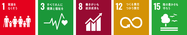 1貧困をなくそう 3すべての人に健康と福祉を 8働きがいも経済成長も 12つくる責任つかう責任 15陸の豊かさも守ろう